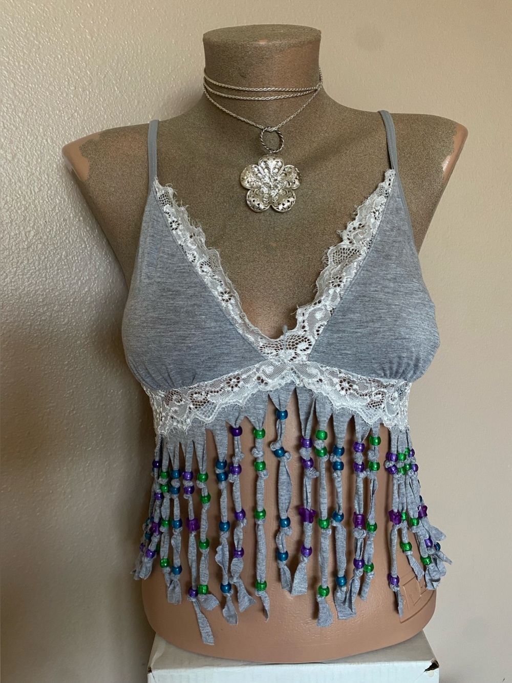 Upcycled Grey Lace Trim Tank Top with Fringe & Bead Detailing